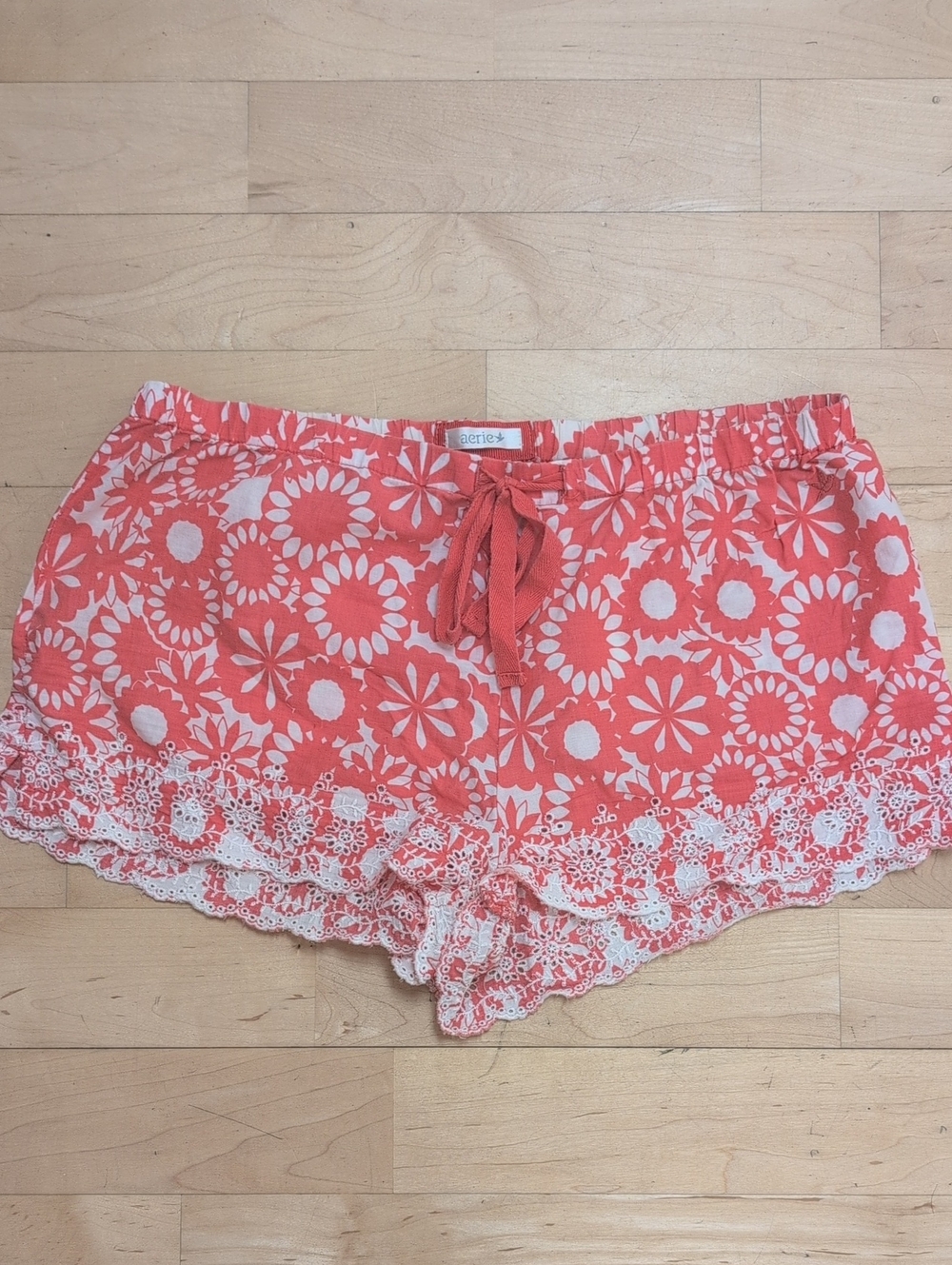Aerie Floral Eyelet-Trim PJ Shorts Bright Coral & White Size XS